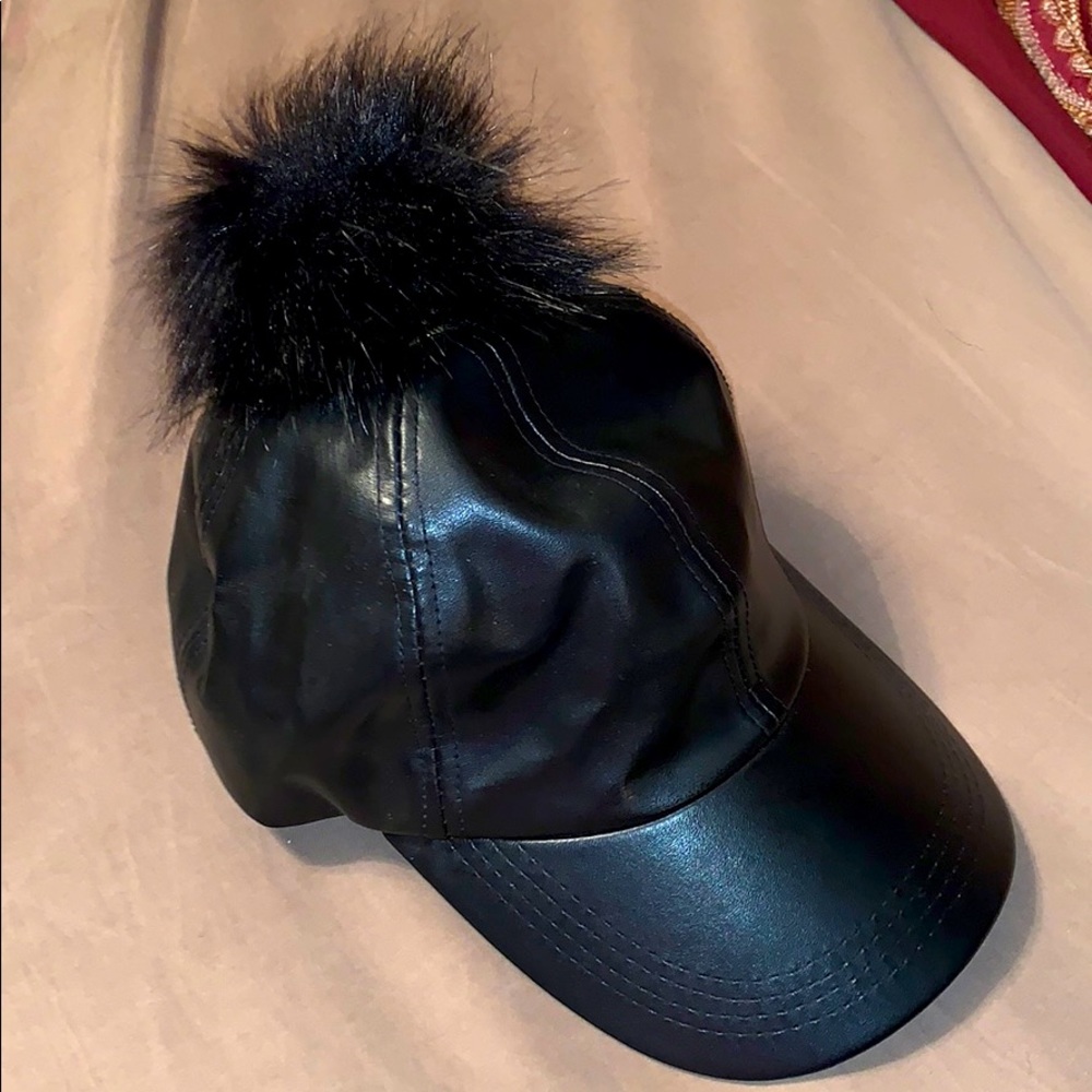 Black Leather Hat with Pom
